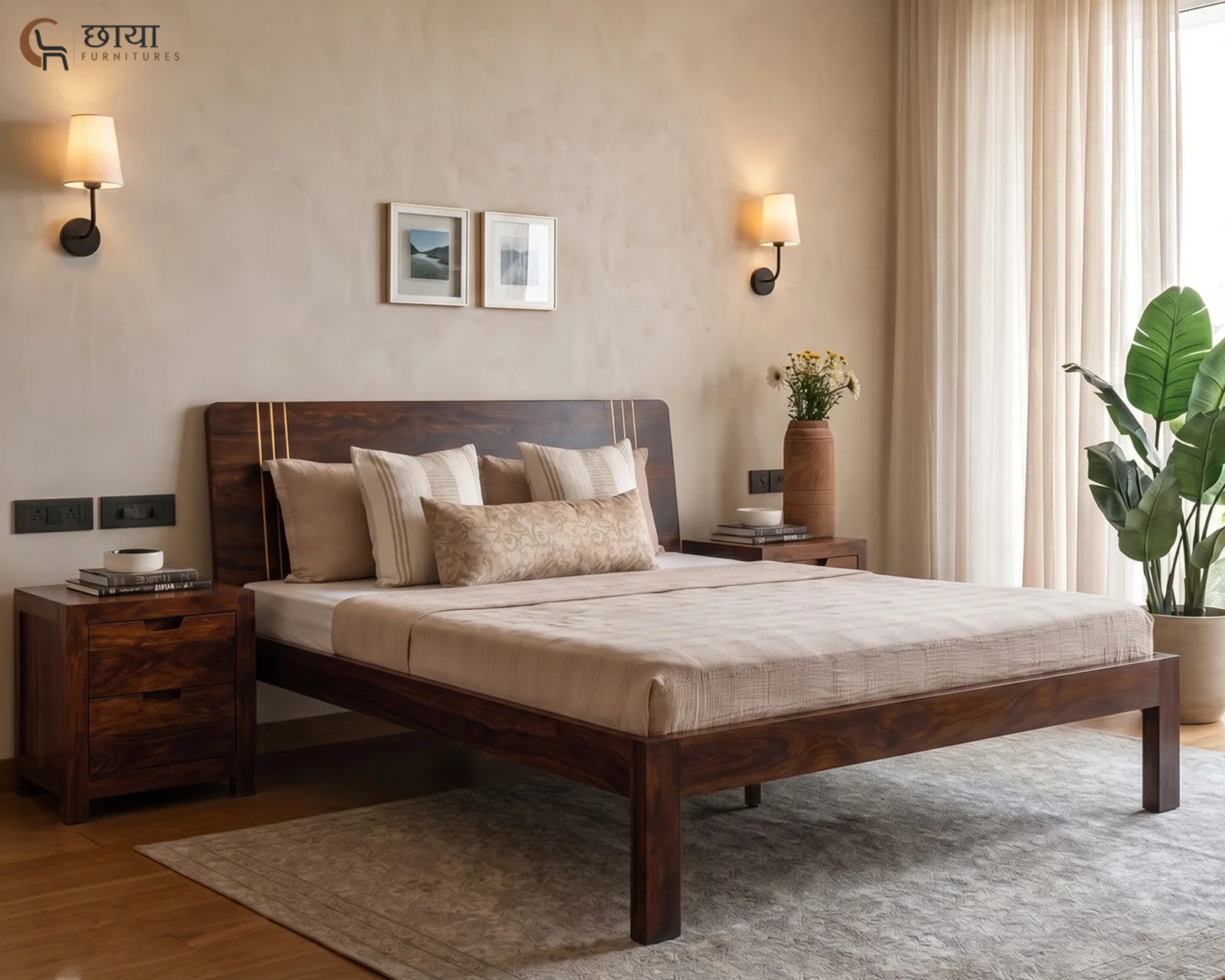 Eddie Sheesham Wood Bed Without Storage (King Size, Walnut Finish) — front (2)