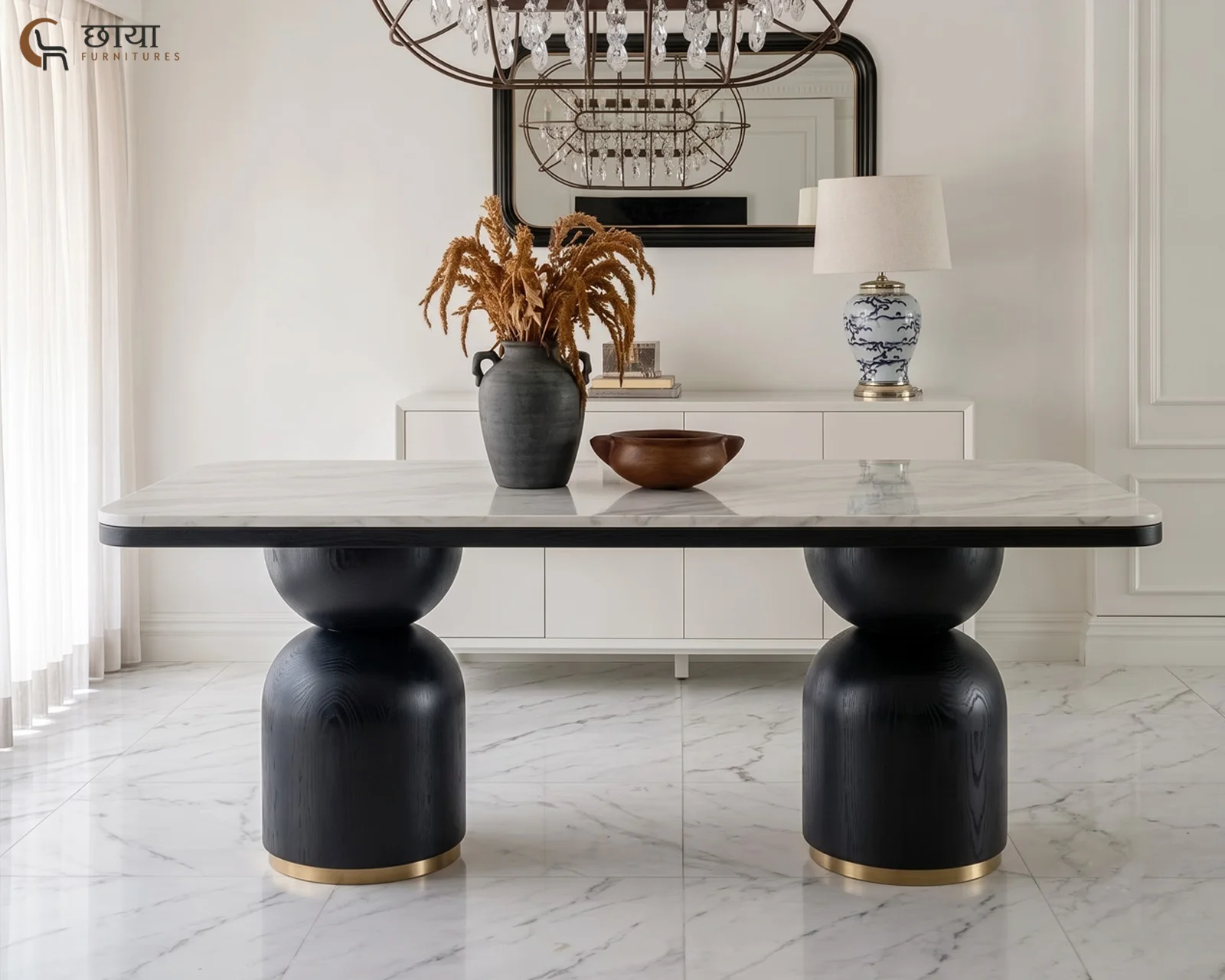 Grace 6 Seater Dining Table with Marble Top (Black Finish) — 6