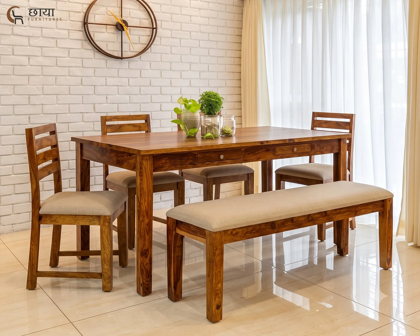 Riwaaz 6 Seater Dining Table Set (Honey Finish) — 225