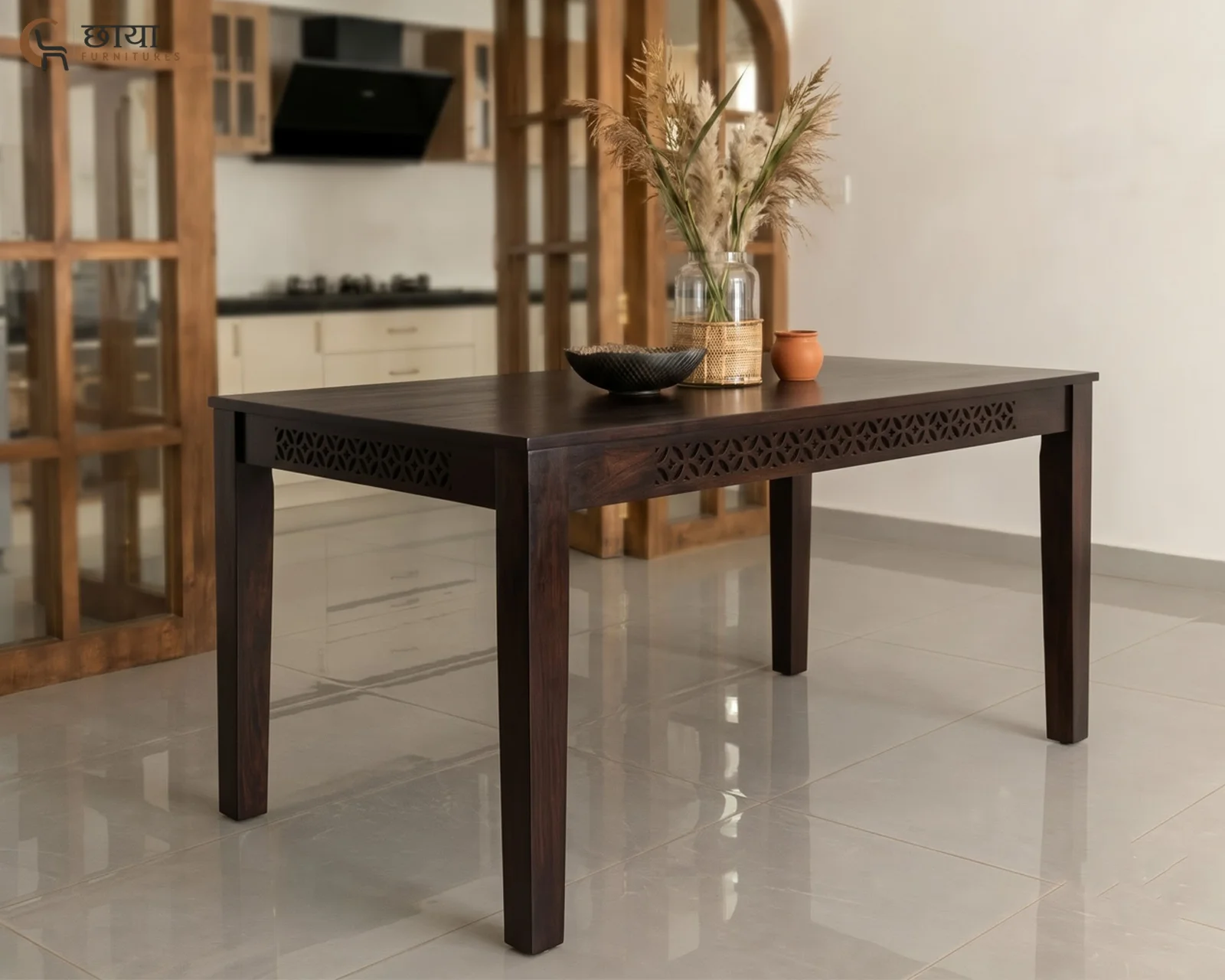 Luxe 4 Seater Dining Table Set With Bench (Walnut Finish) — 51