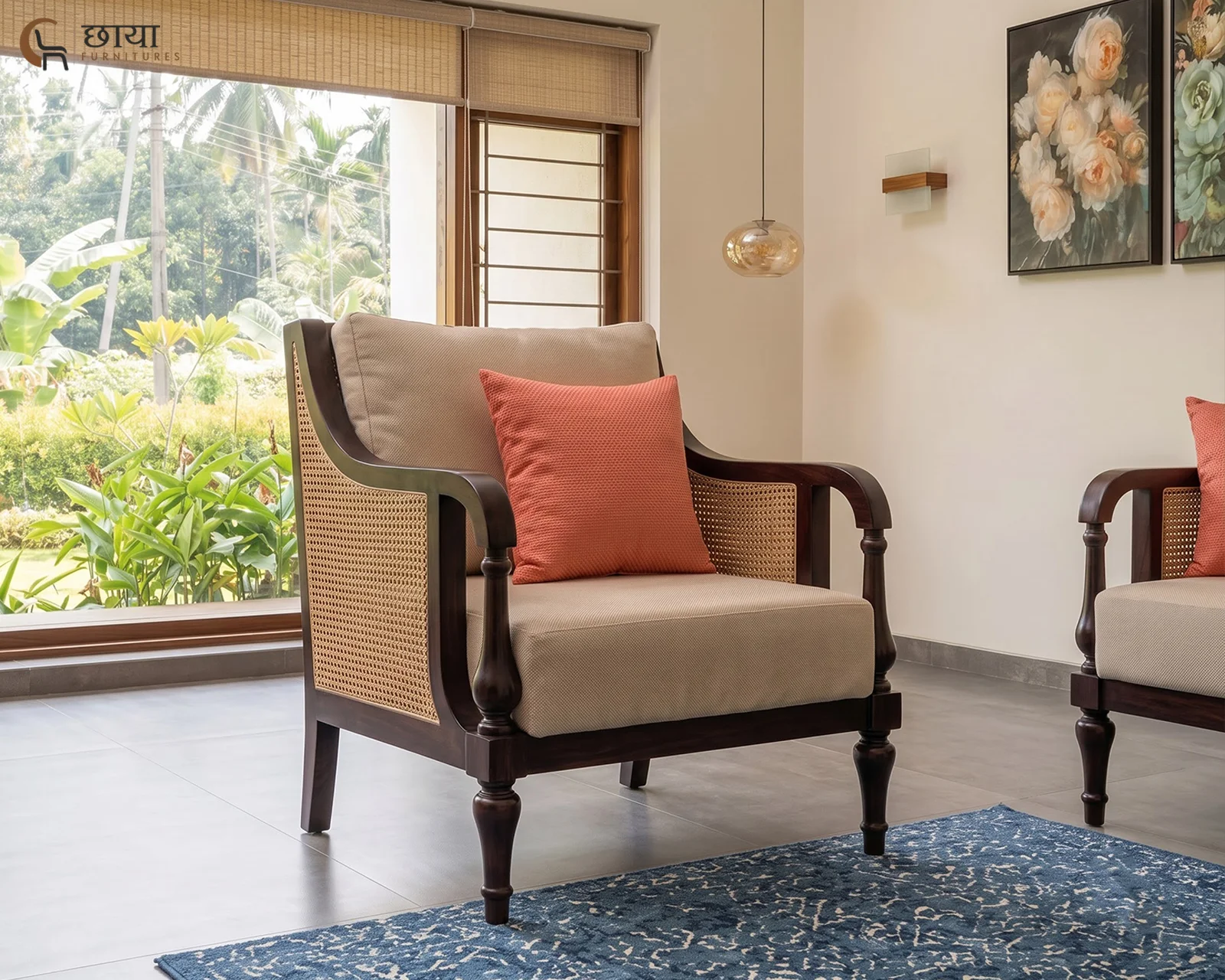 Meher Single Seater Wooden Sofa (Walnut Finish) — front