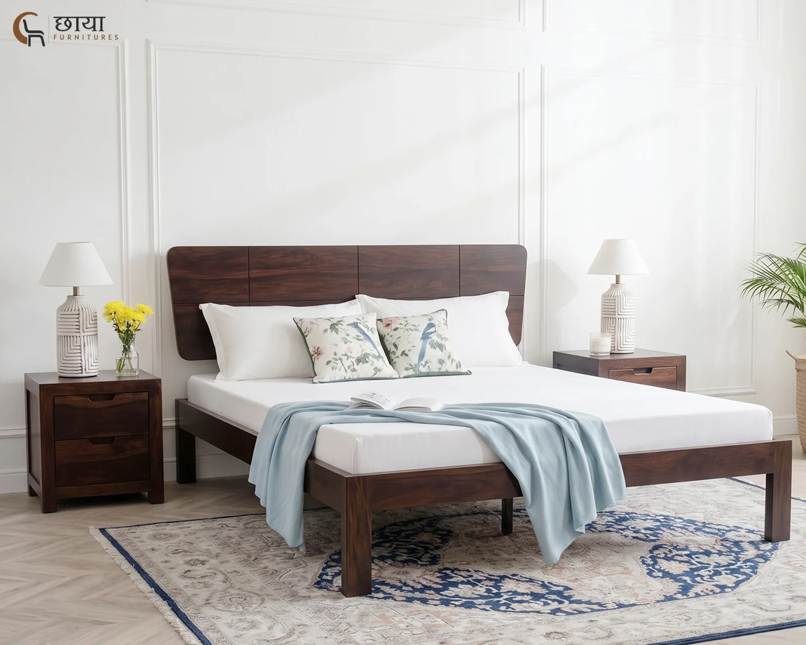 Veer Sheesham Wood Bed Without Storage (Queen Size, Walnut Finish) — front 1