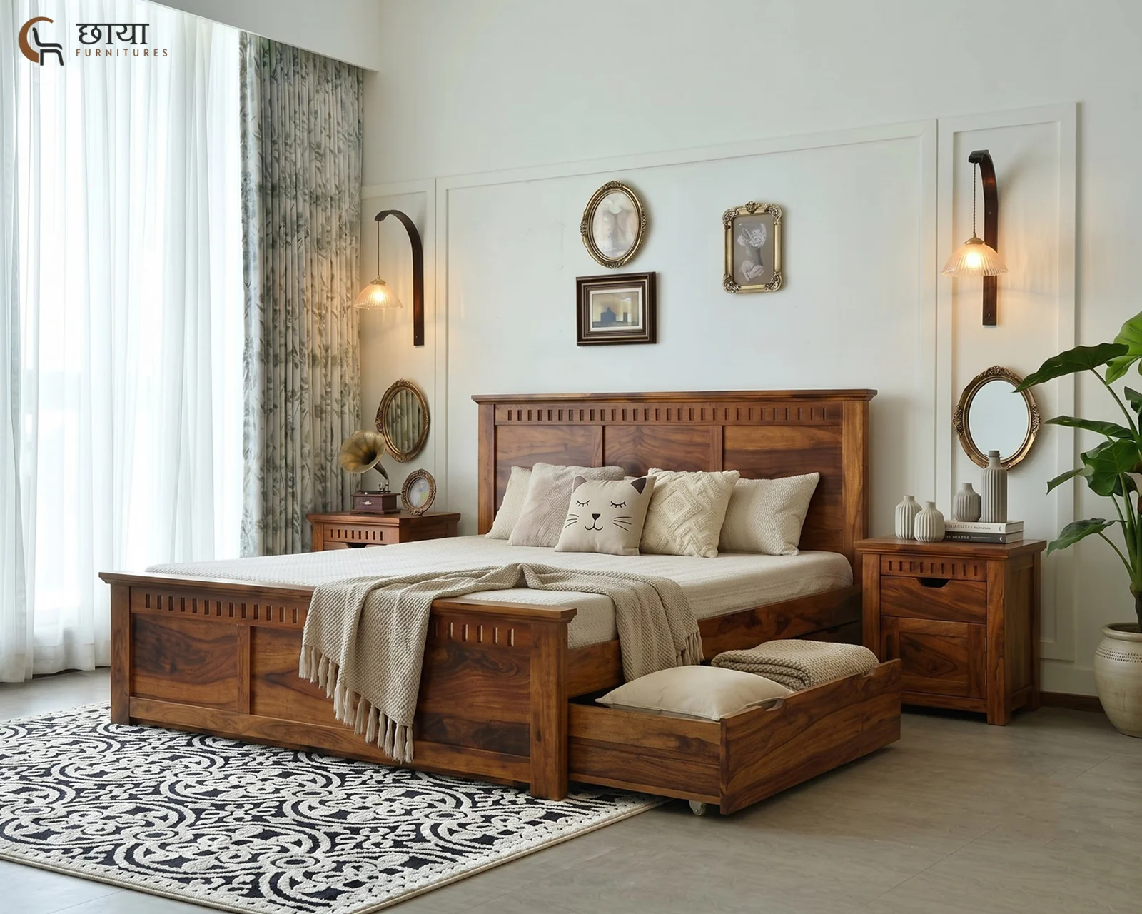 Manasa Sheesham Wood Bed With Drawer Storage (King Size, Honey Finish) — front 1