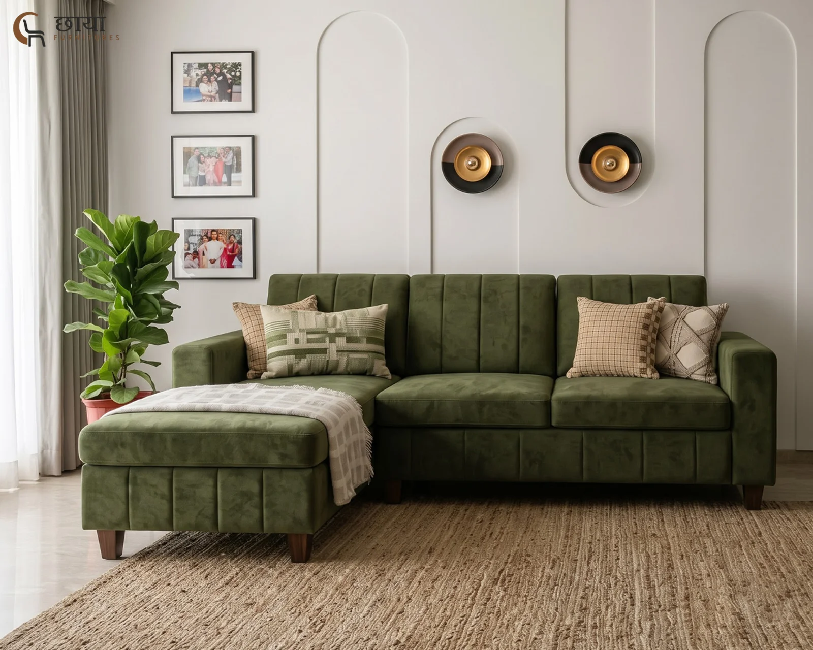 OMR L Shape Left Aligned Fabric Sofa (Green Velvet) — 3