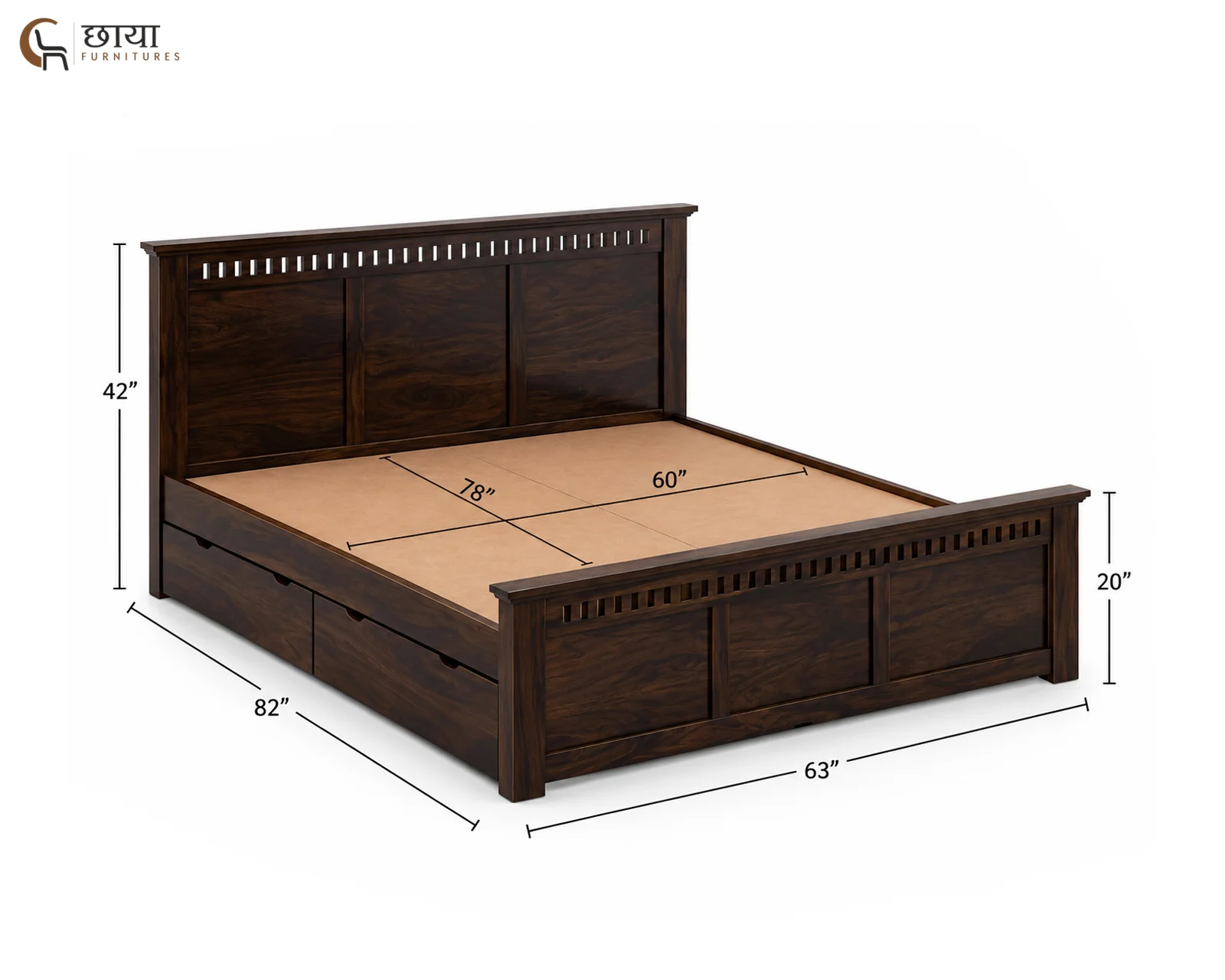 Manasa Sheesham Wood Bed With Draw Storage (Queen Size, Walnut Finish) — queen size 2