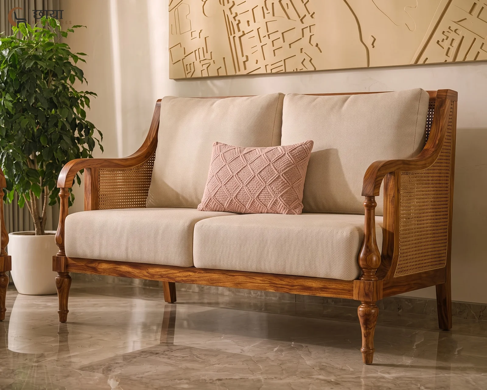 Meher 2 Seater Wooden Sofa (Honey Finish) — front