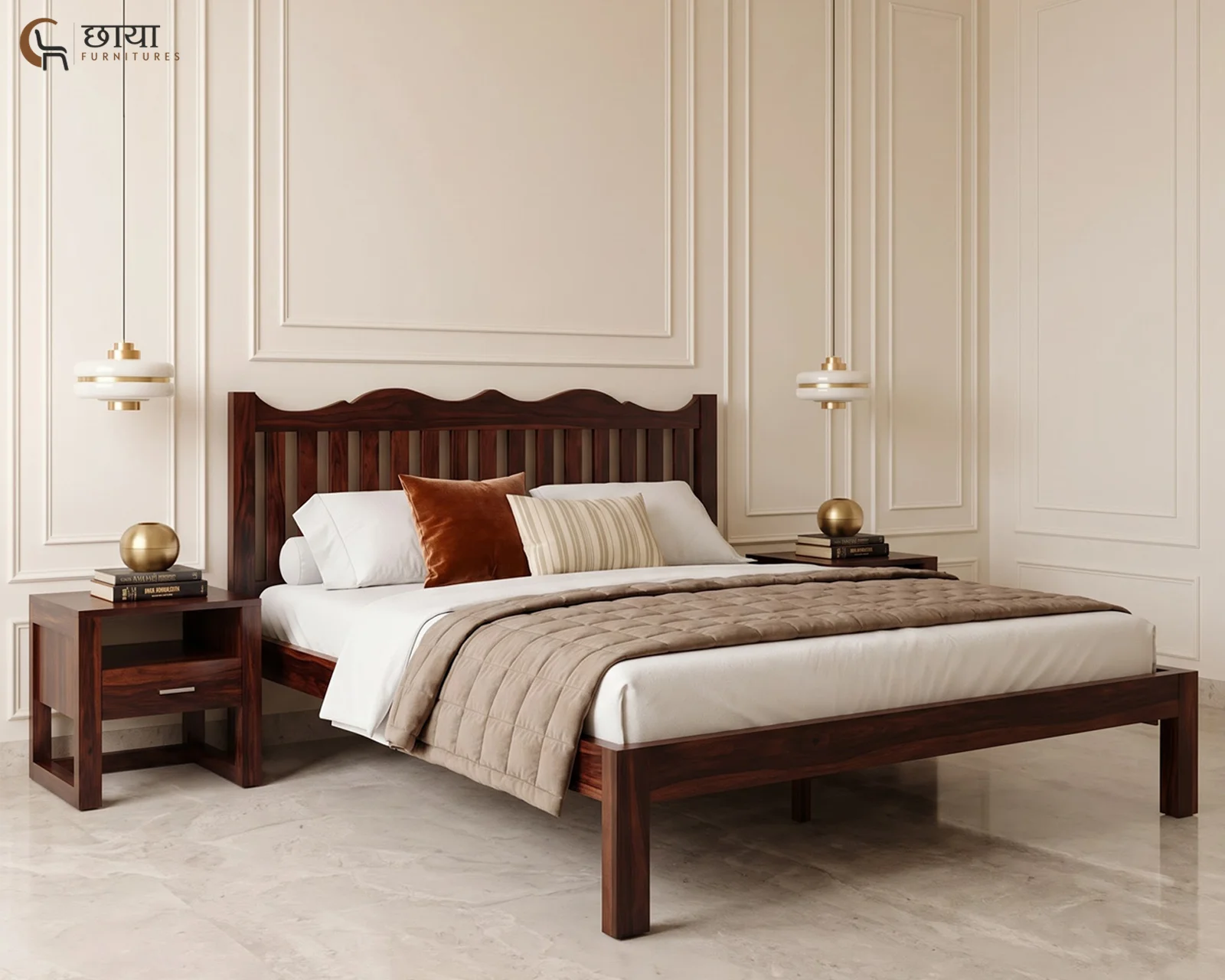 Davos Sheesham Wood Bed Without Storage (Queen Size, Walnut Finish) — front (1)