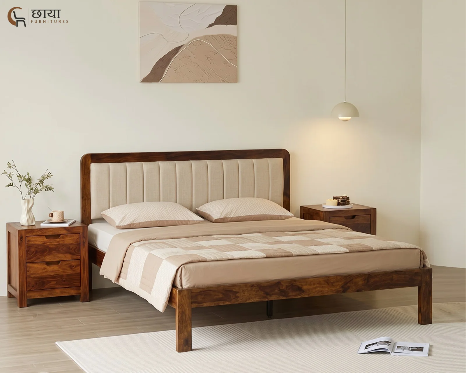Lydia Sheesham Wood Bed Without Storage (Queen Size, Honey Finish) — 15