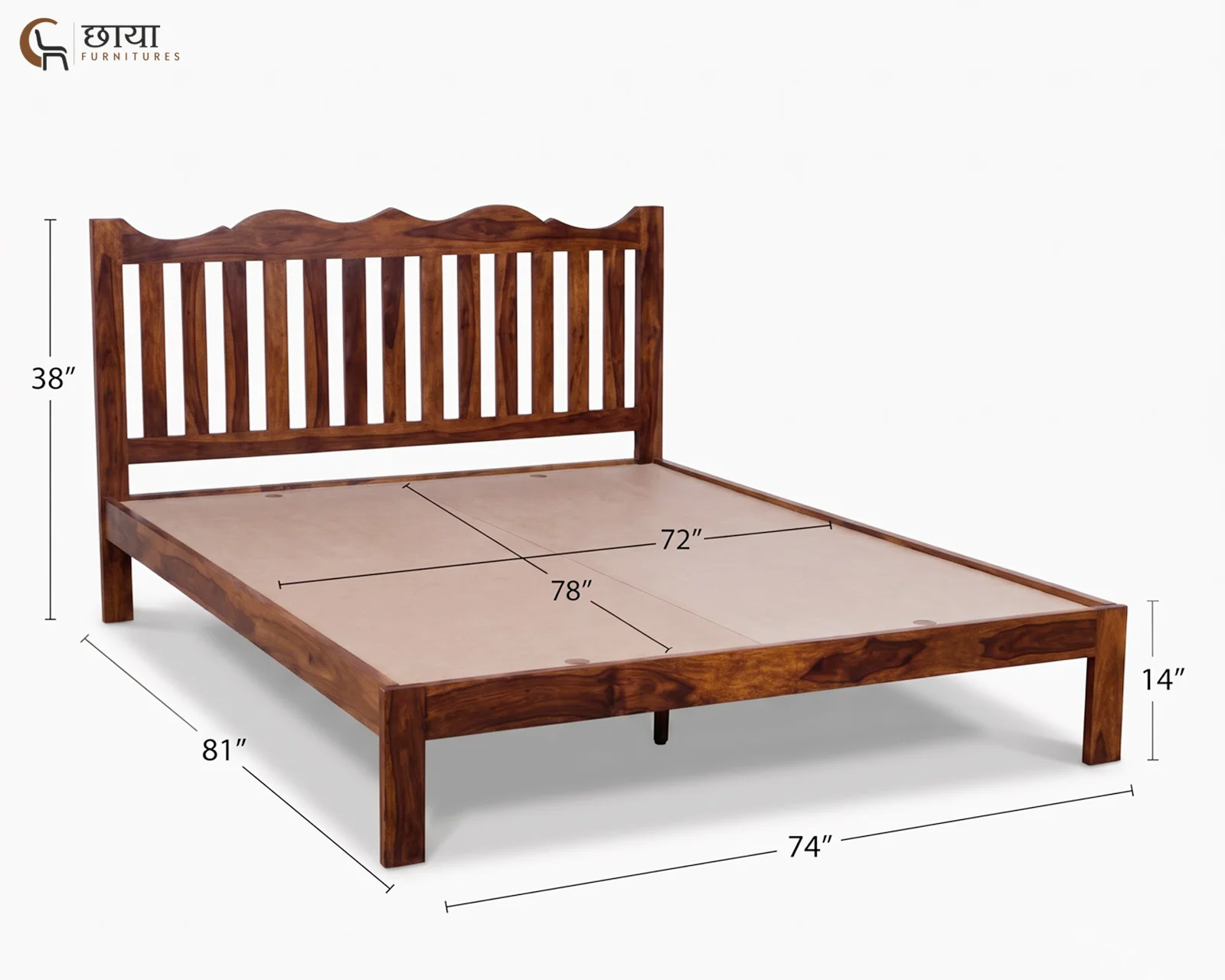 Davos Sheesham Wood Bed Without Storage (King Size, Honey Finish) — king 1