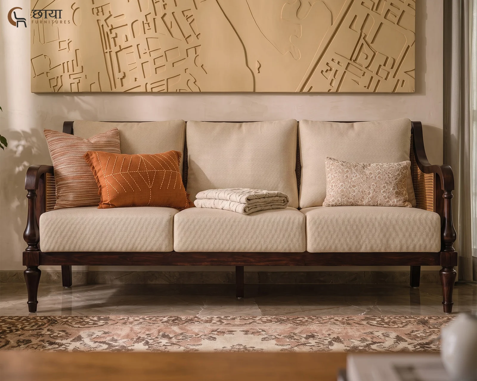 Meher 3 Seater Wooden Sofa (Walnut Finish) — 20