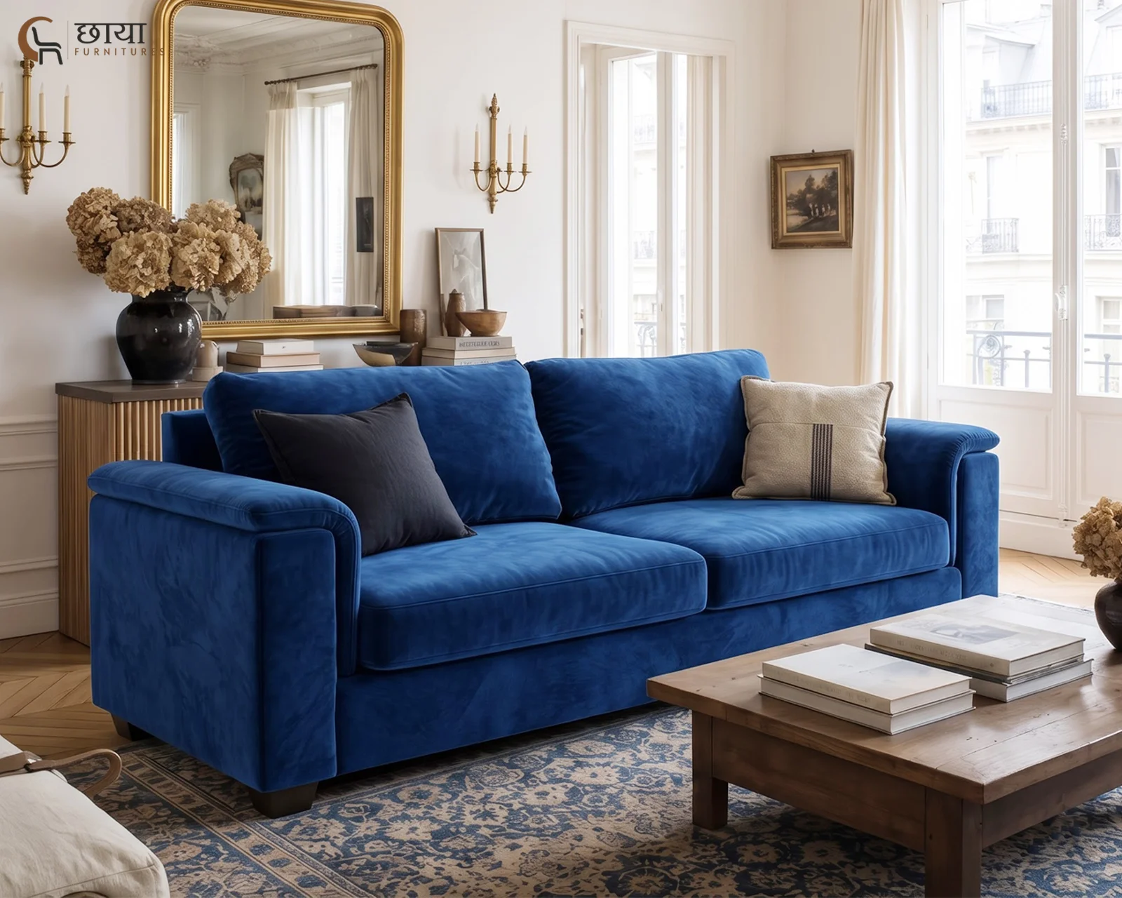 Liora 3 Seater Fabric Sofa (Blue Velvet) — front