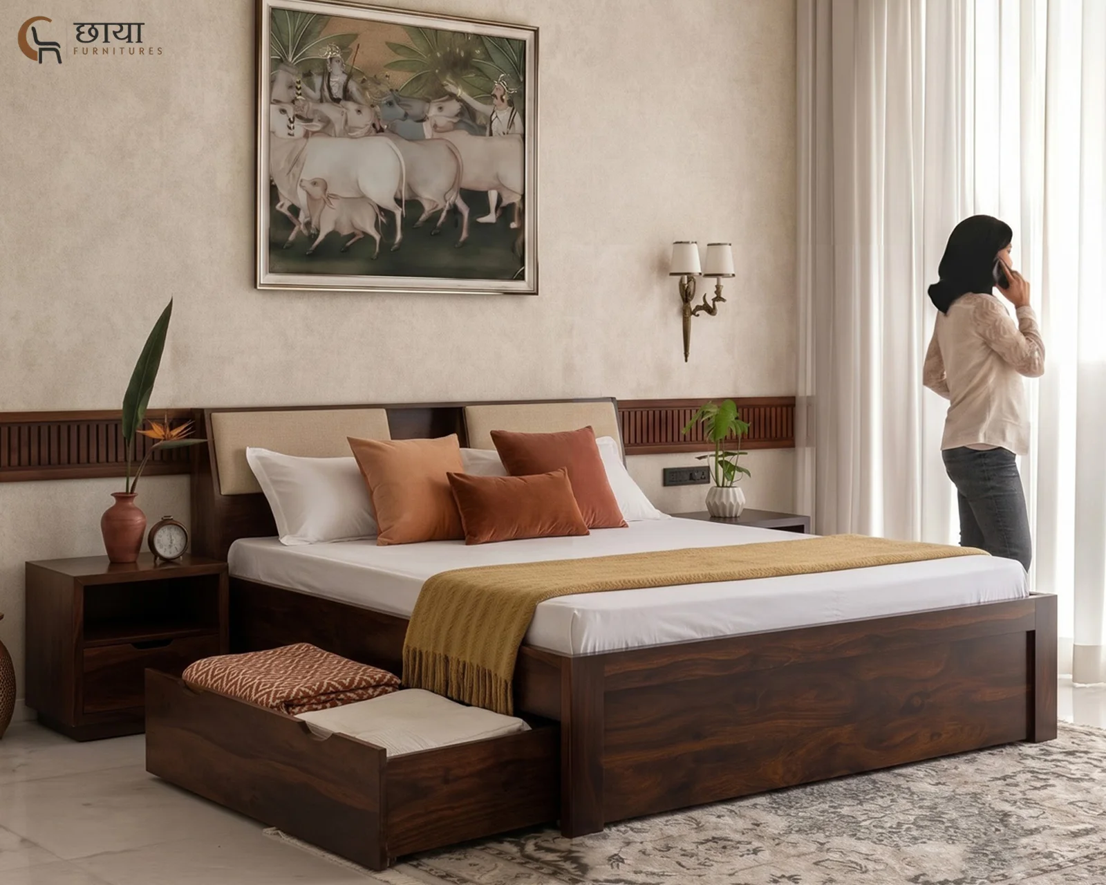 Darbar Sheesham Wood Bed With Drawer Storage (Queen Size, Walnut Finish) — front 1