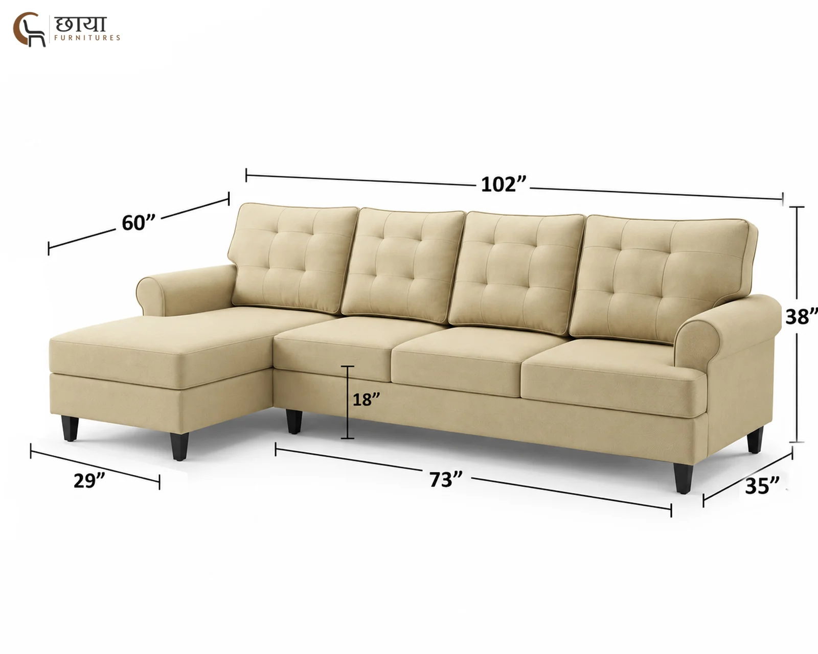 Aster L Shape Left Aligned Fabric Sofa (Cream) — dim 3