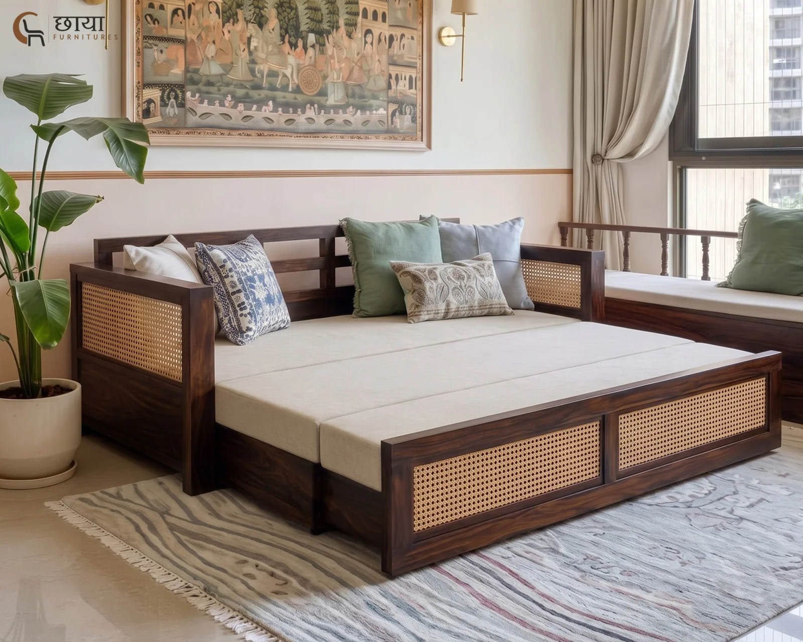 Marshal Wooden Sofa Cum Bed (Queen Size, Walnut Finish) — front (2)