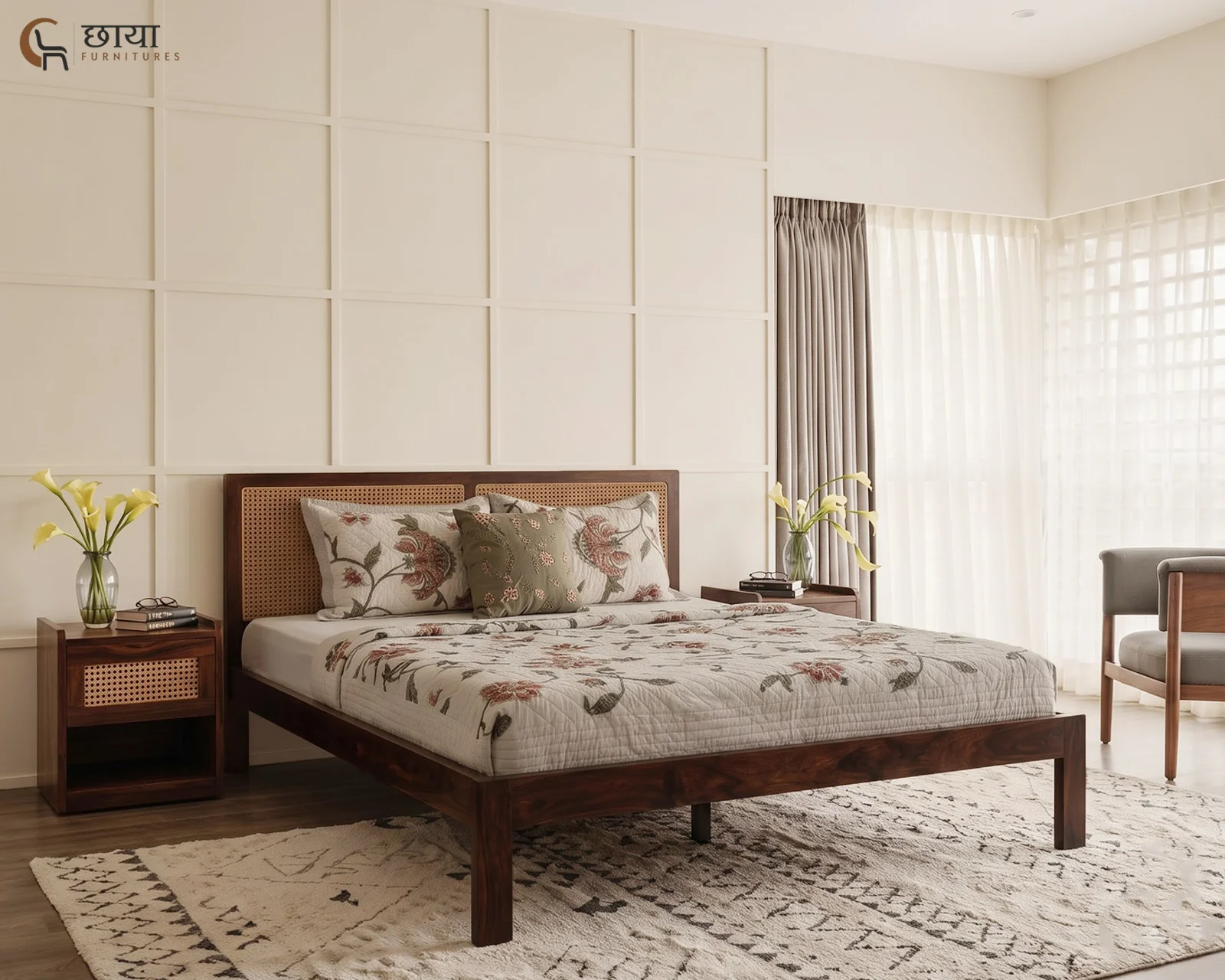 Adam Sheesham Wood Bed Without Storage (King Size, Walnut Finish) — front
