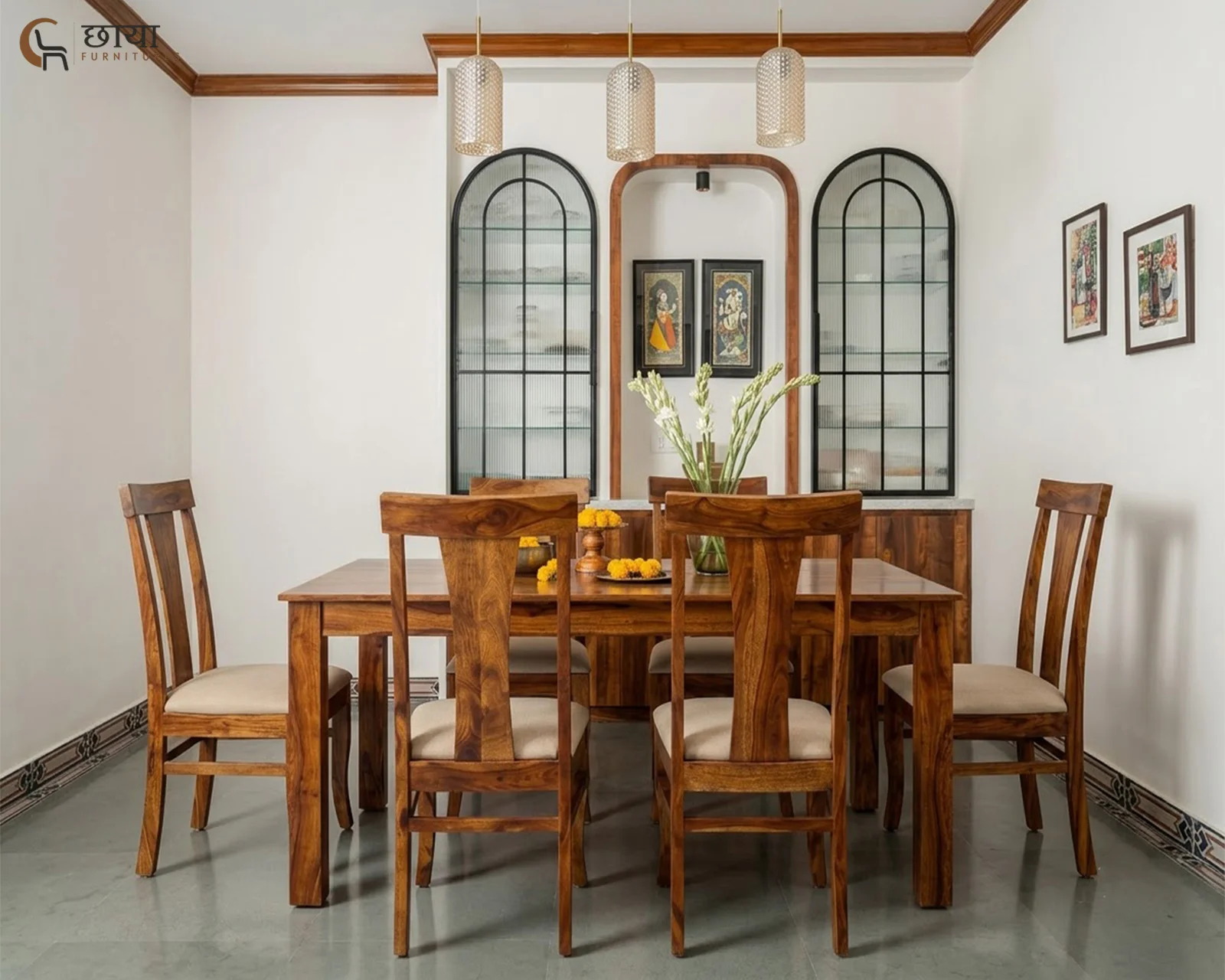 Utsav 6 Seater Dining Table Set (Honey Finish) — 13