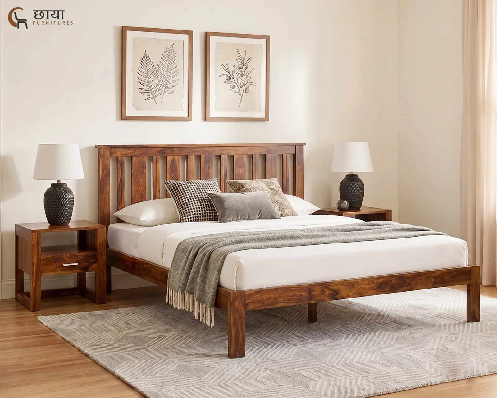 Magnus Sheesham Wood Bed Without Storage (Queen Size, Honey Finish) — front