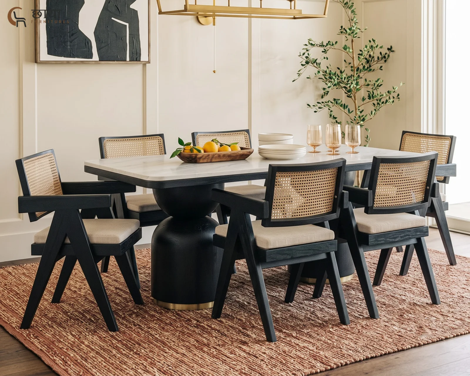 Grace 6 Seater Dining Table Set with Marble Top (Black Finish) — front