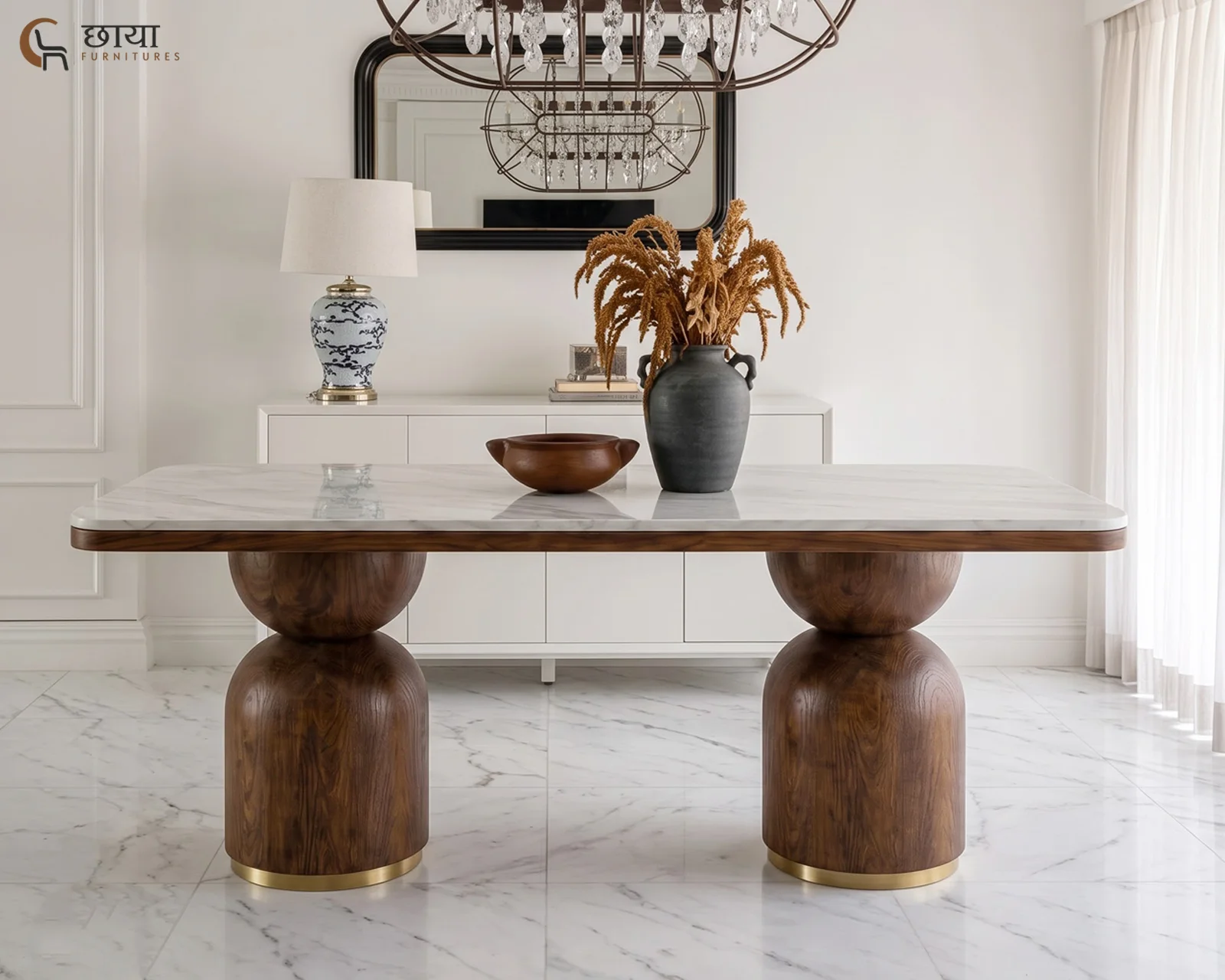 Grace 6 Seater Dining Table with Marble Top (Teak Finish) — 12