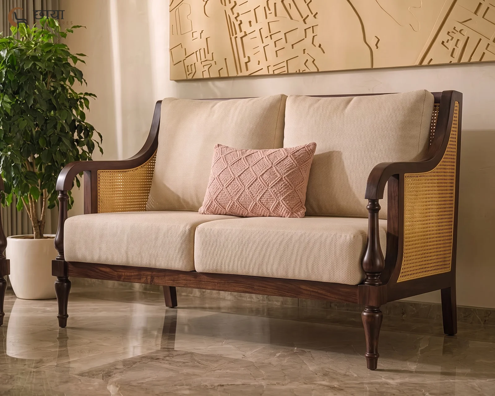 Meher 2 Seater Wooden Sofa (Walnut Finish) — front