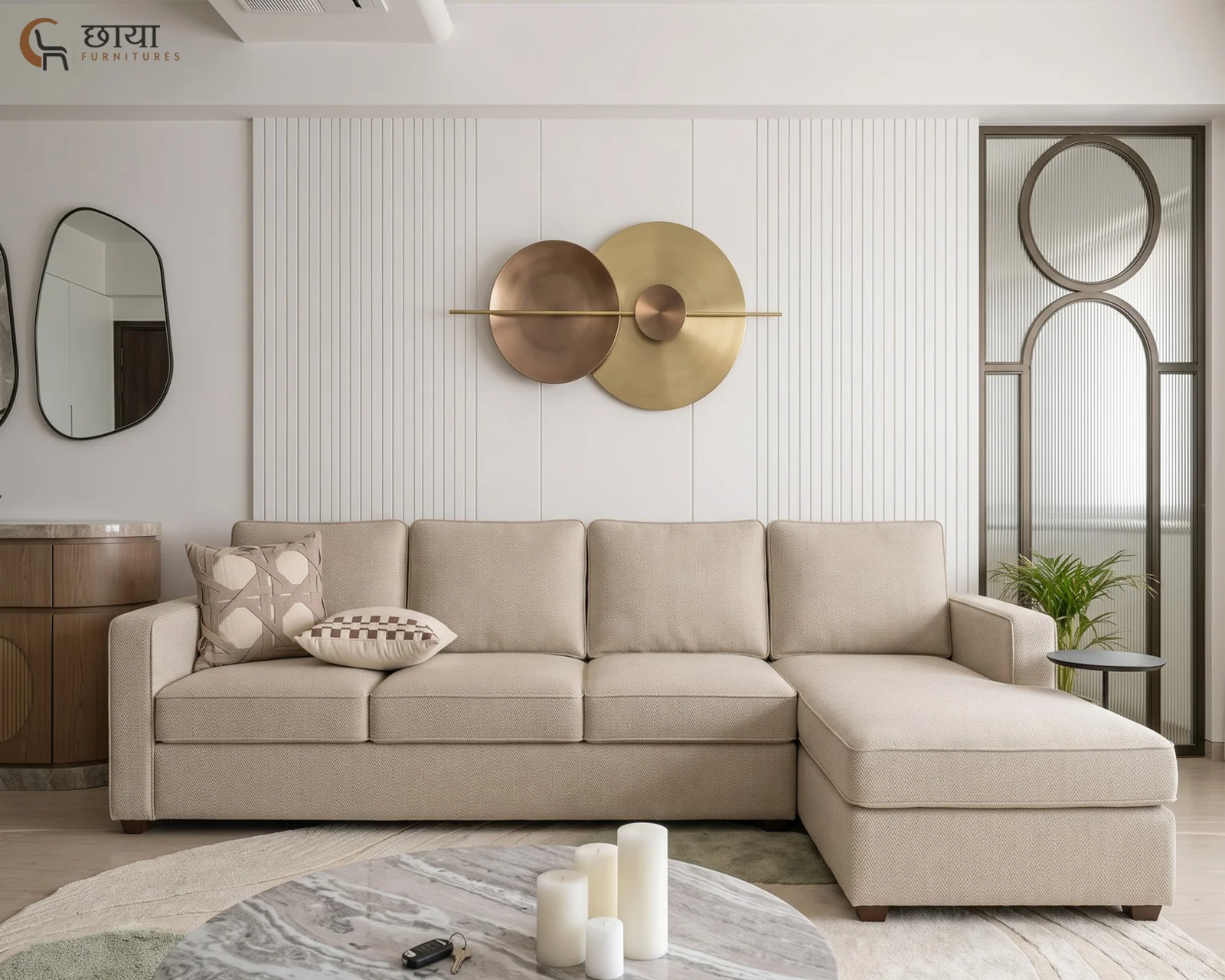 Cairo L Shape Right Aligned Fabric Sofa (Cream) — 7