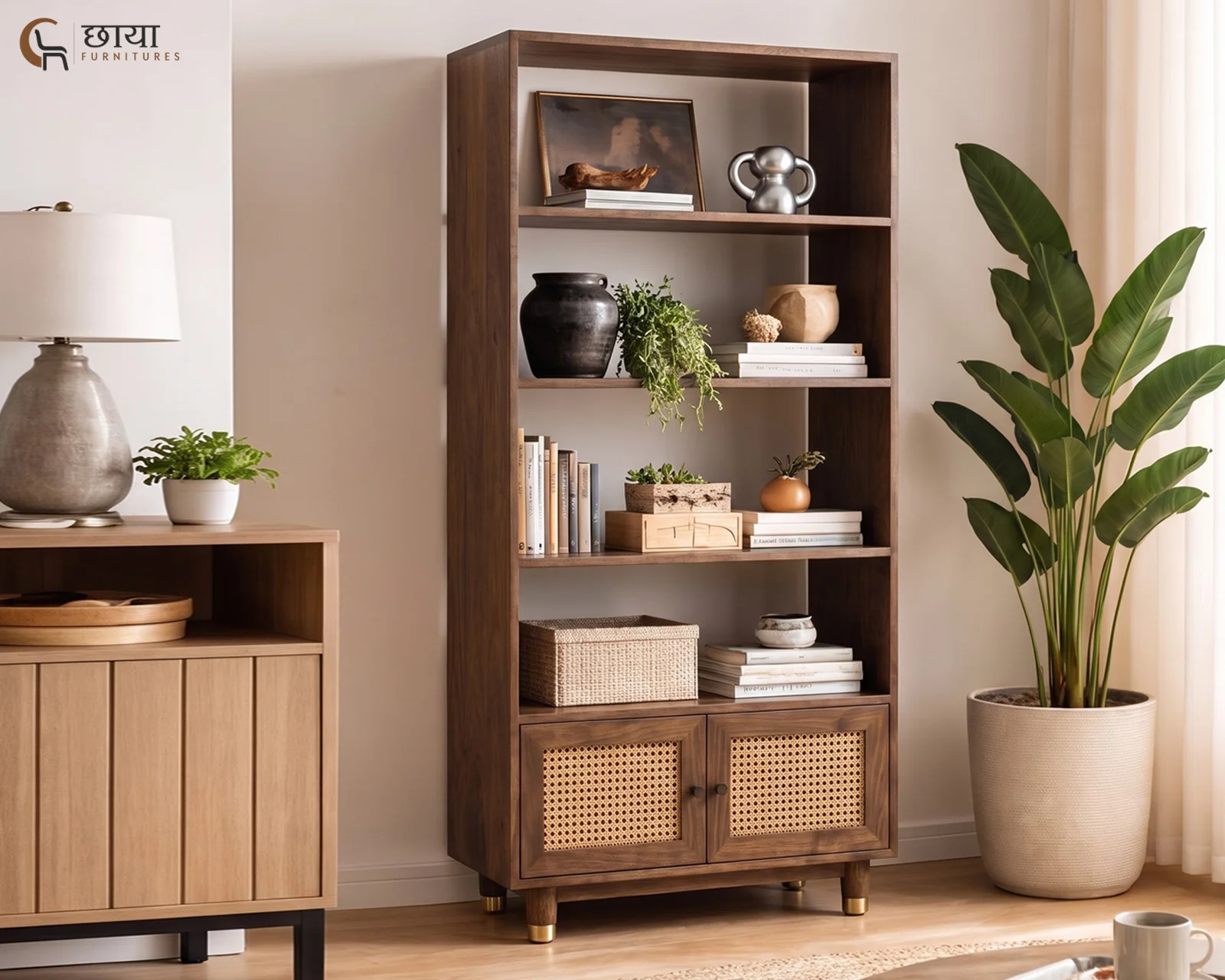 Nemili Book Shelf With Cane (Mango Wood, Teak Finish) — 5