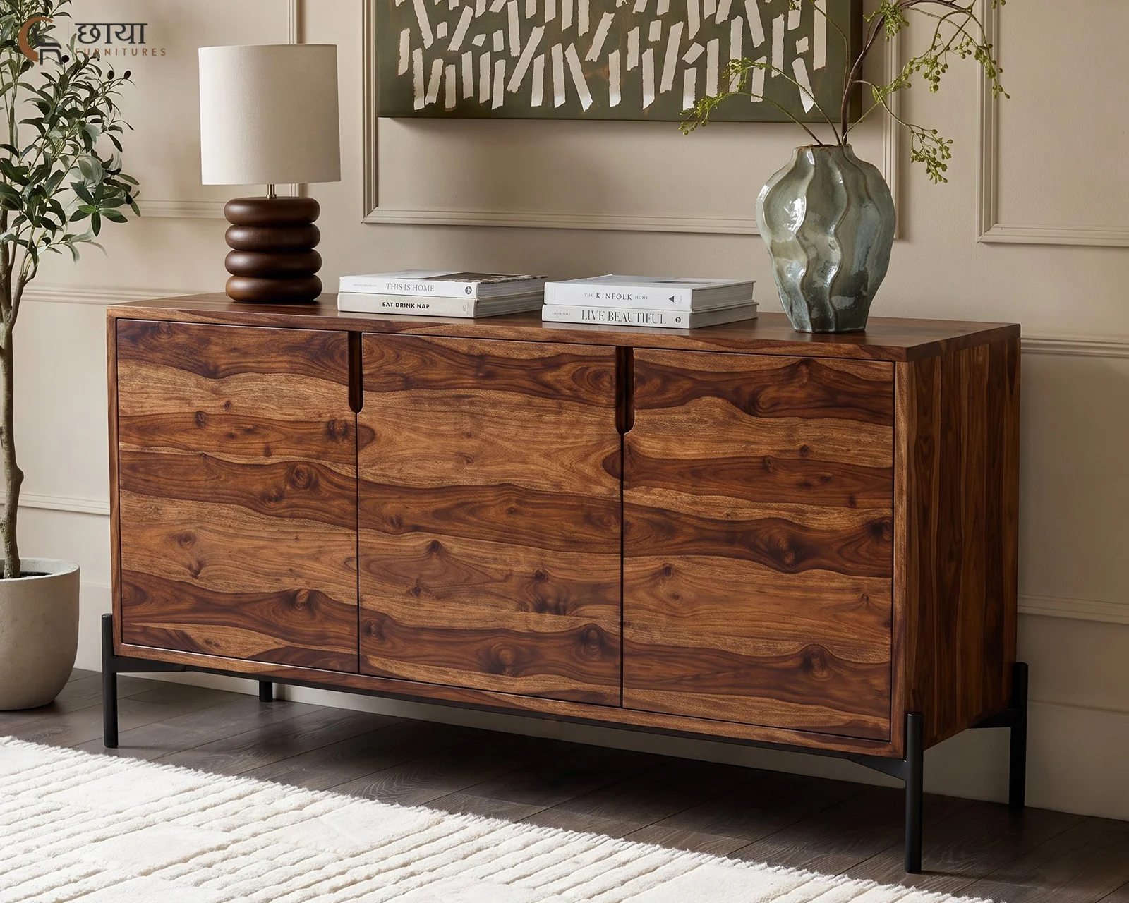 Amber Sheesham Wood Sideboard (Teak Finish) — front