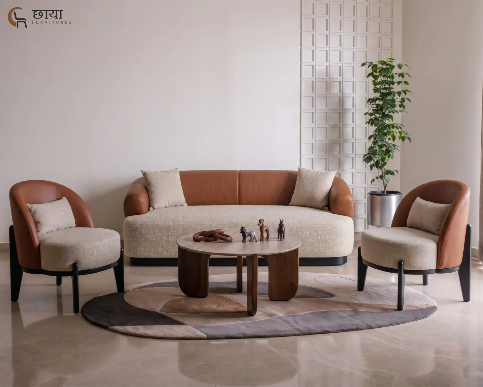 Juliet 3+1+1 Fabric Sofa with Lounge Chair (Warm Brown, Neutral Beige) — (36)