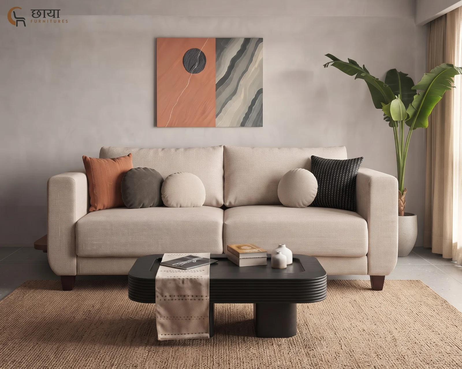 Hazel 3 Seater Fabric Sofa (Neutral Beige) — (5)