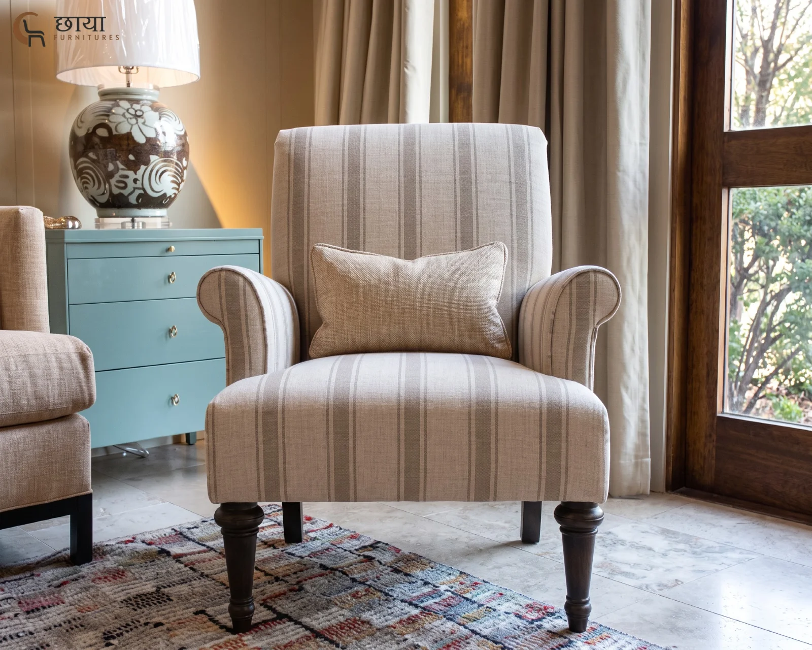 Lily Fabric Wingback Chair (Sand Stripe) — 05