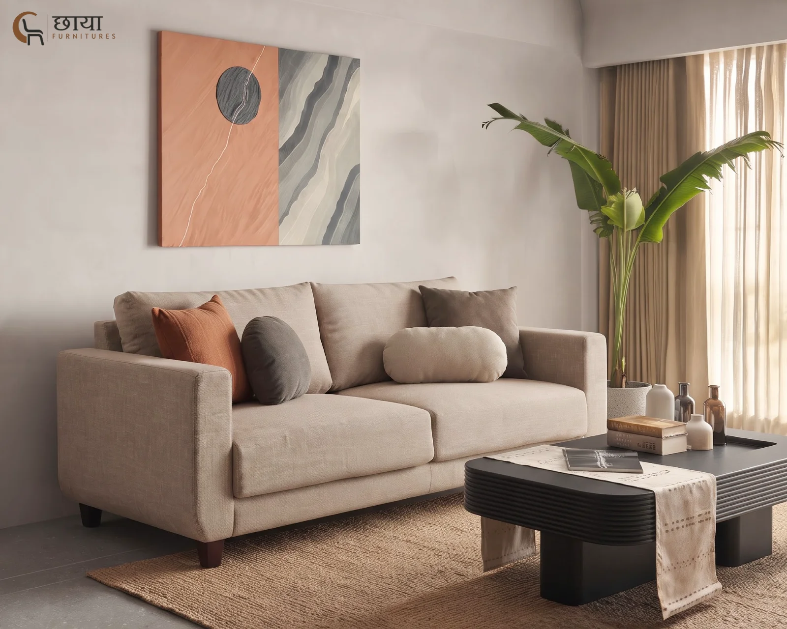 Hazel 3 Seater Fabric Sofa (Neutral Beige) — front