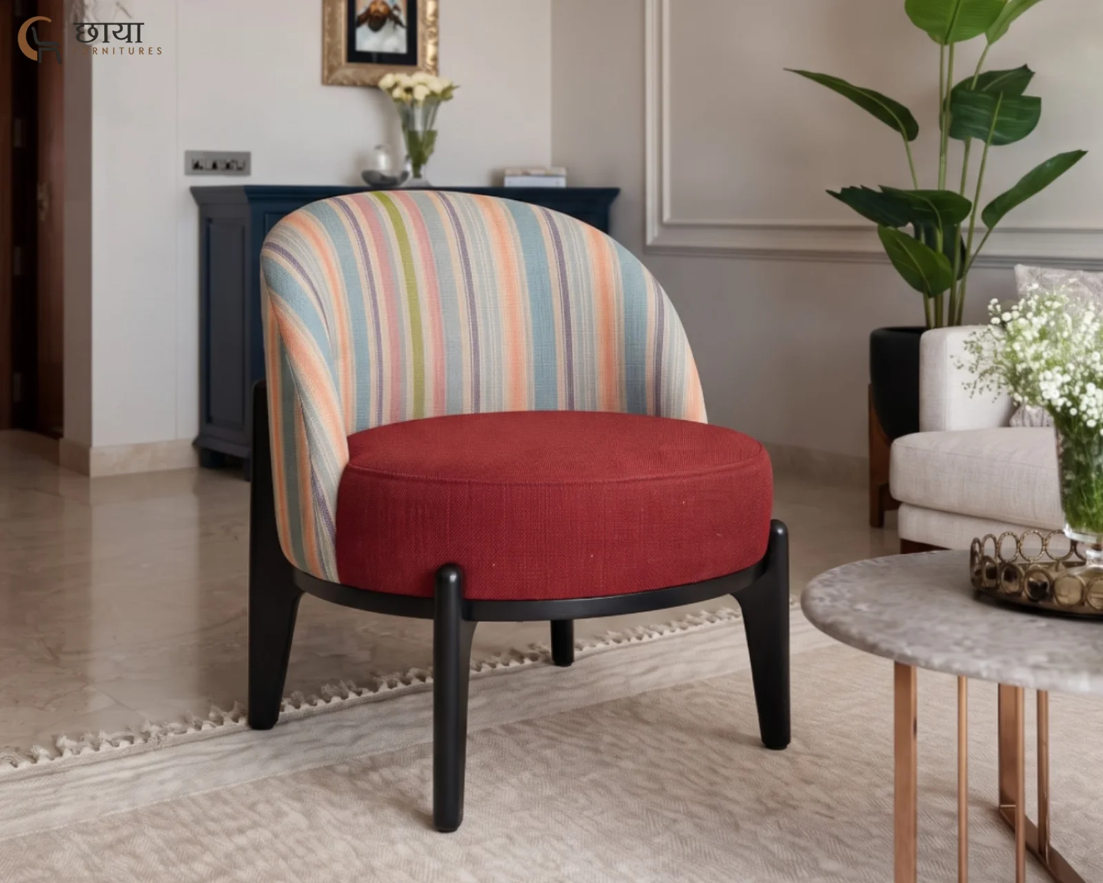 Juliet Lounge Chair (Muted Stripe, Deep Maroon) — front