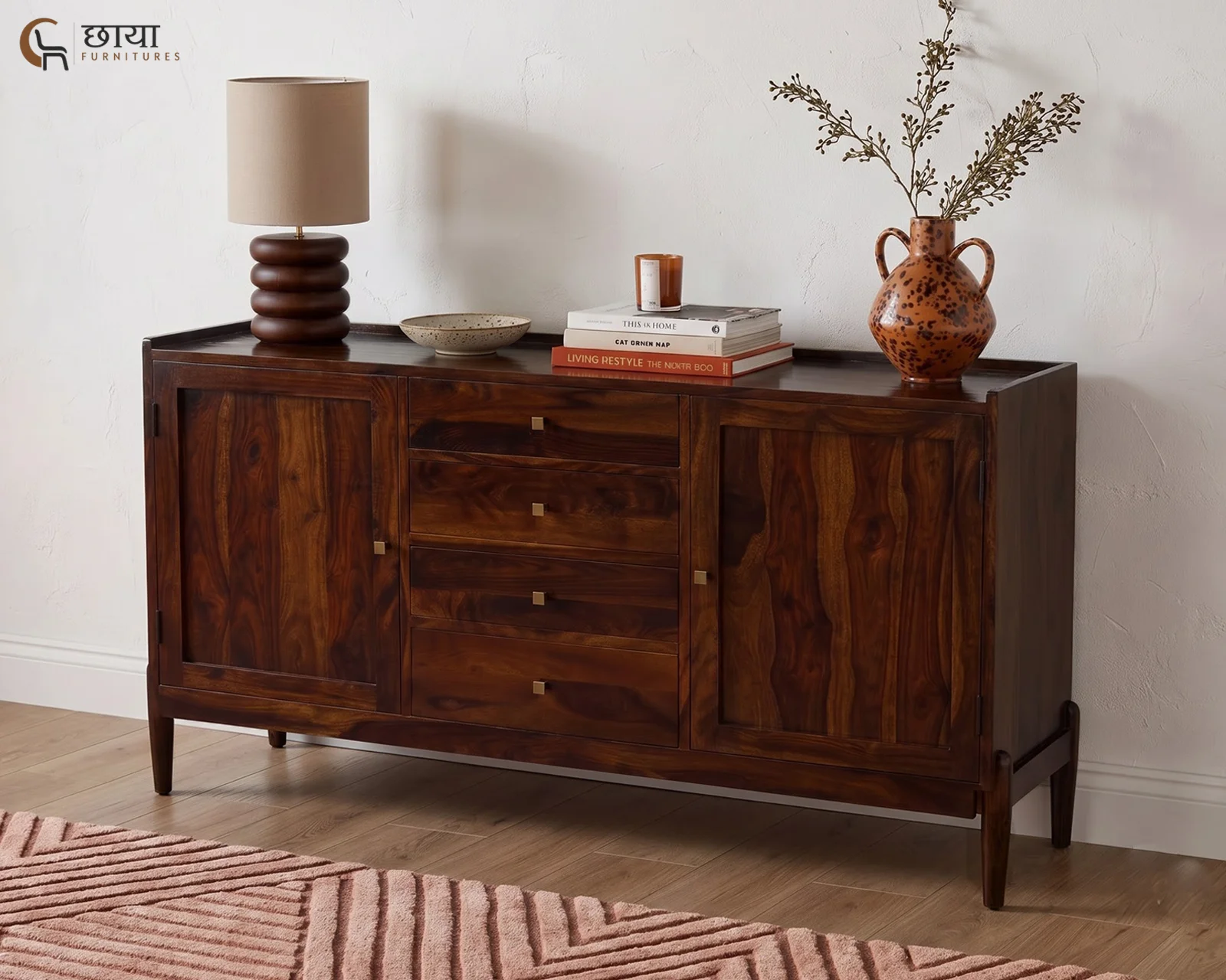 Alba Sheesham Wood Sideboard (Walnut Finish) — front