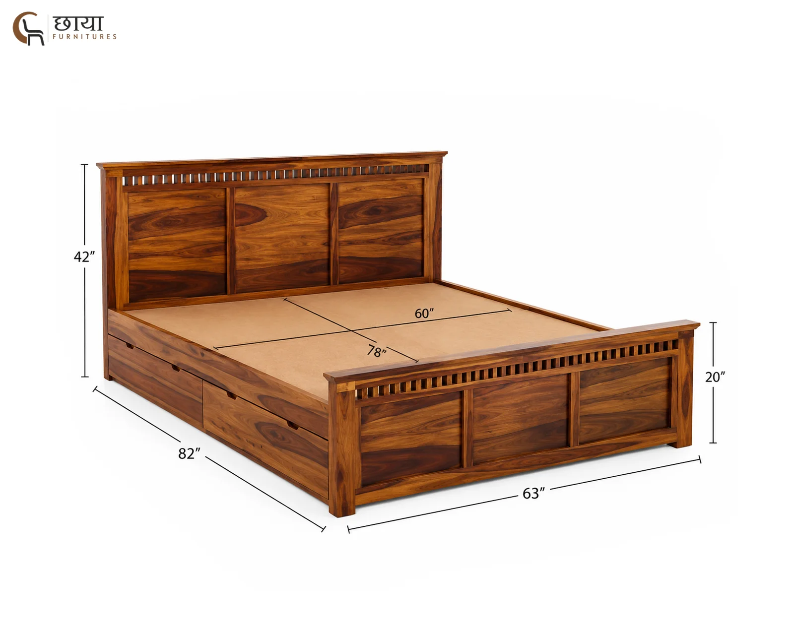 Haven Sheesham Wood Bed With Drawer Storage (Queen Size, Honey Finish) — queen size 1