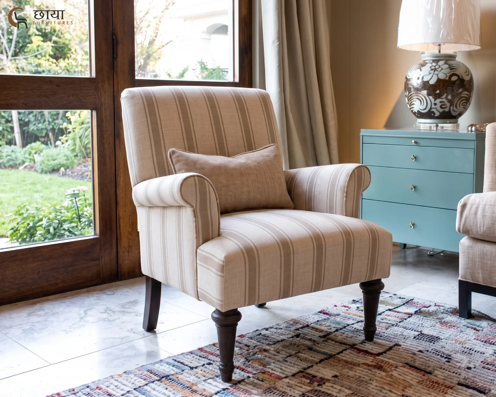 Lily Fabric Wingback Chair (Sand Stripe) — front