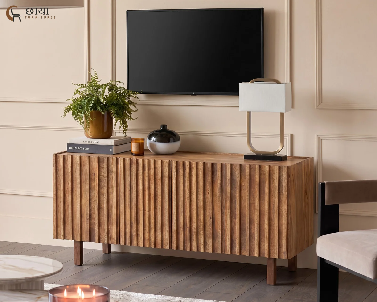 Terra Mango Wood TV Unit (Natural Finish) — front tv