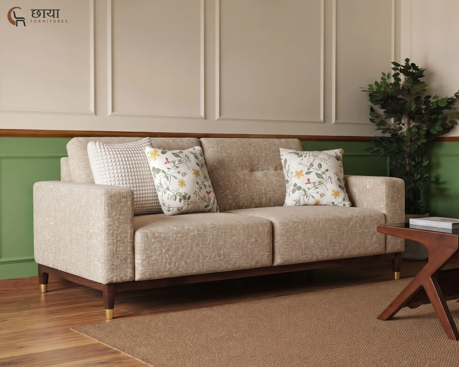 Spring 3 Seater Fabric Sofa (Neutral Beige) — front