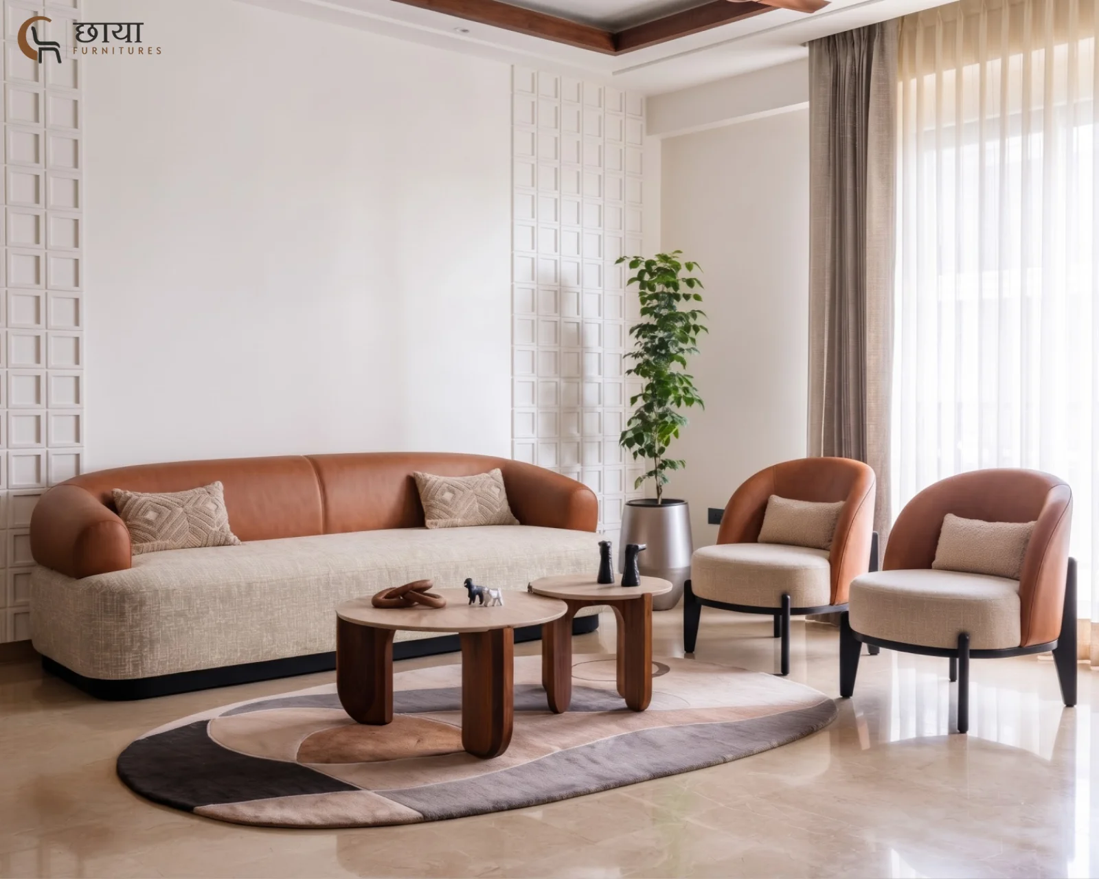 Juliet 3+1+1 Fabric Sofa with Lounge Chair (Warm Brown, Neutral Beige) — (35)