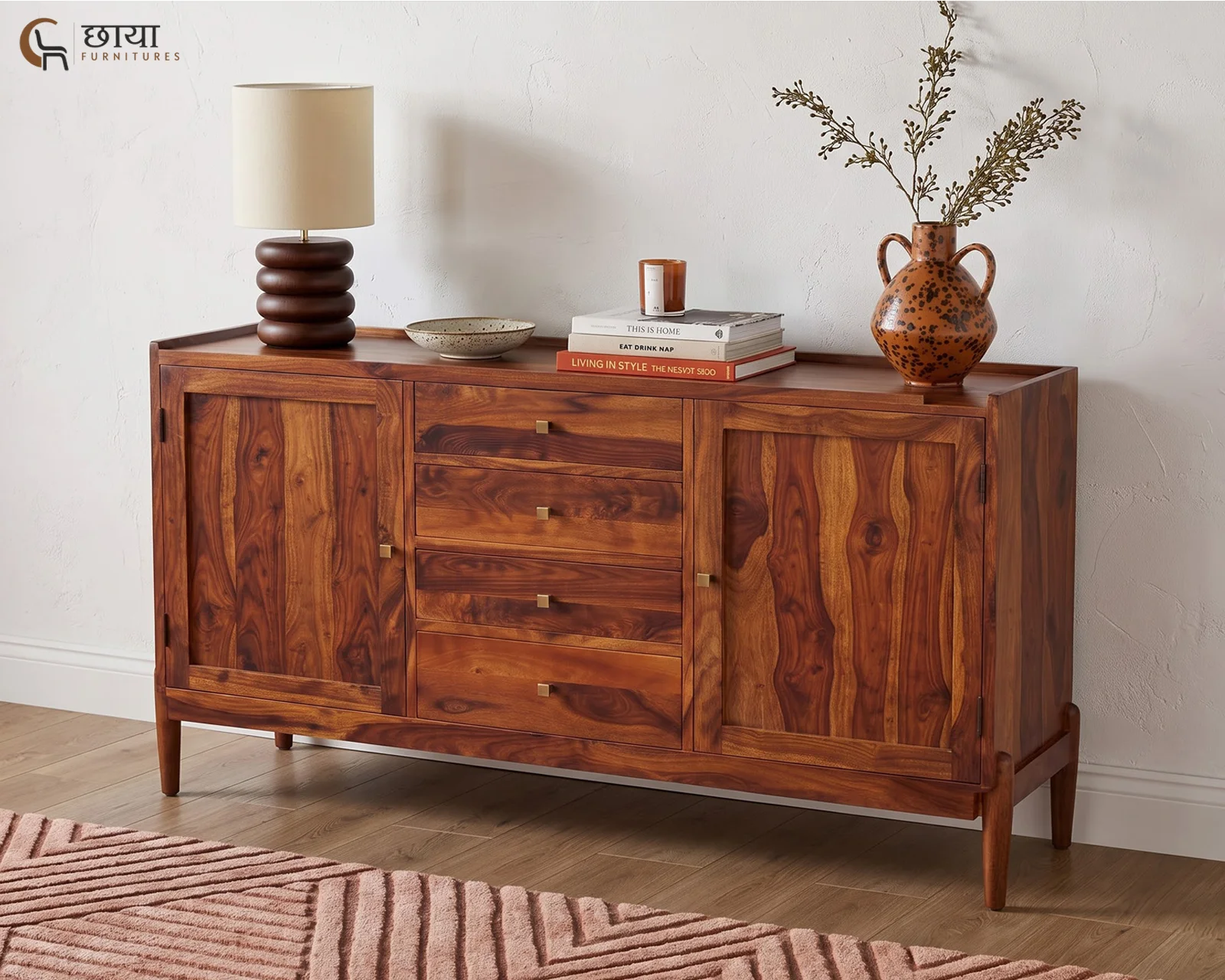 Alba Sheesham Wood Sideboard (Honey Finish) — front