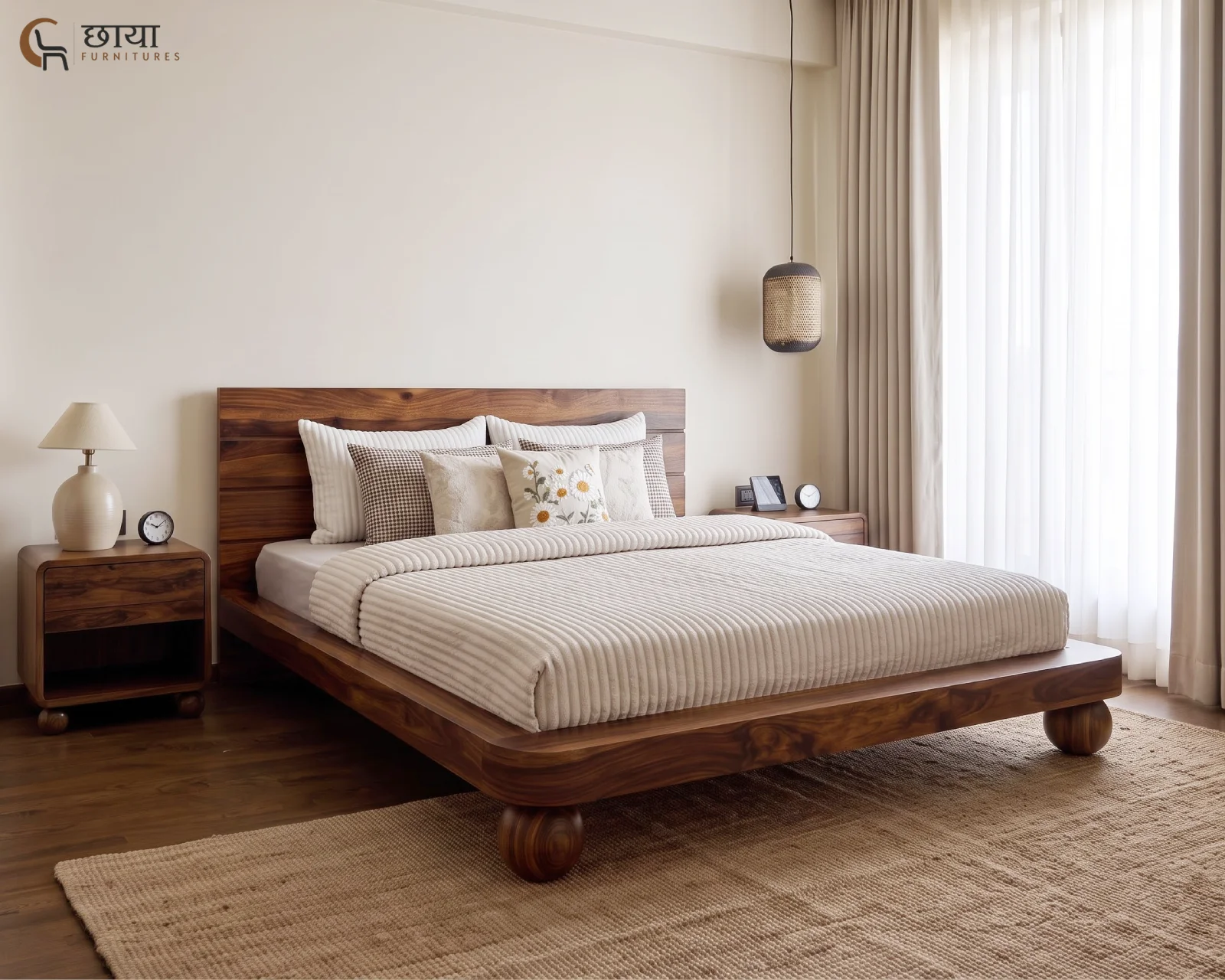Florian Low Floor Bed Without Storage (Queen Size, Teak Finish) — (6)