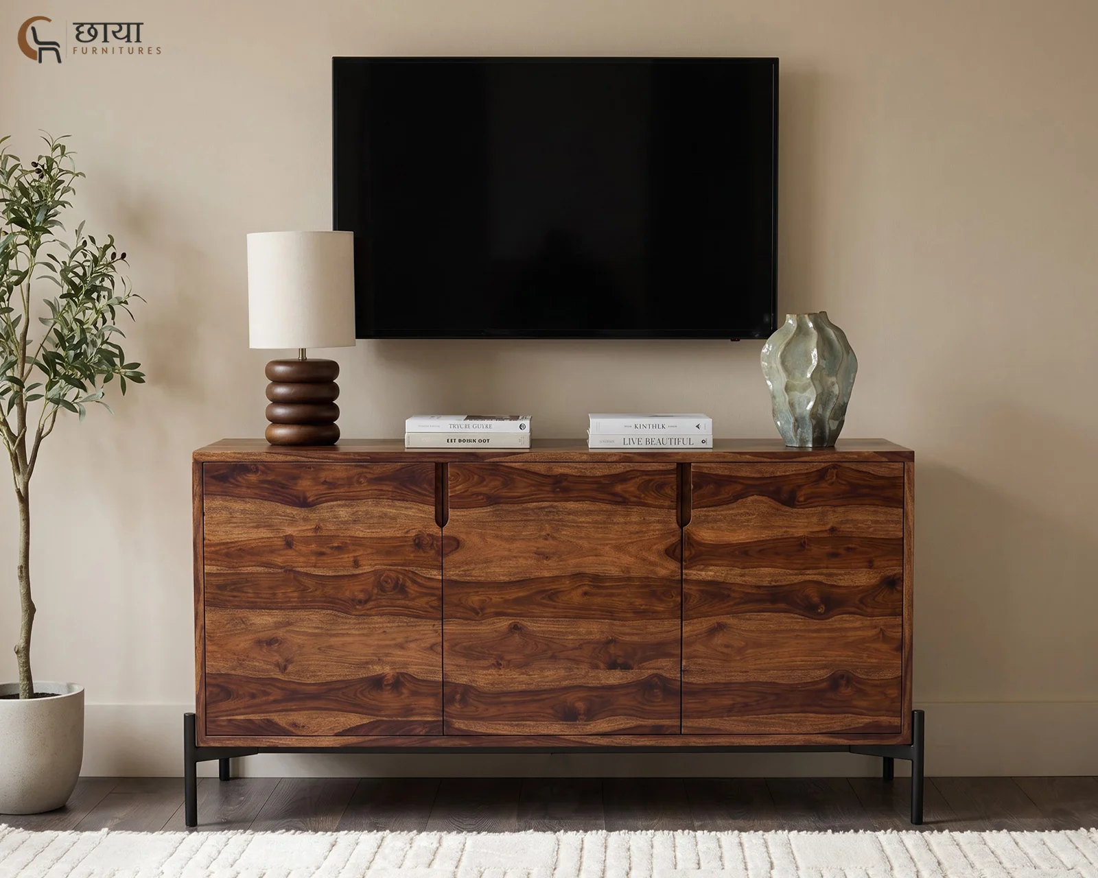 Amber Sheesham Wood TV Unit (Teak Finish) — (8)