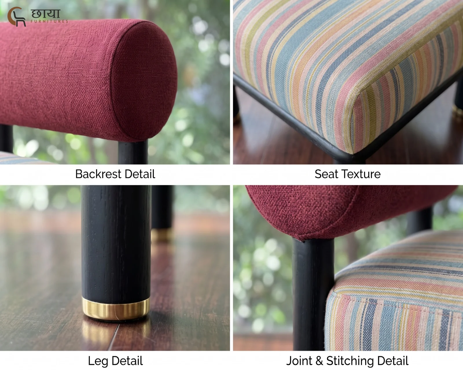 Bella Fabric Lounge Chair (Muted Stripe, Deep Maroon) — closeup