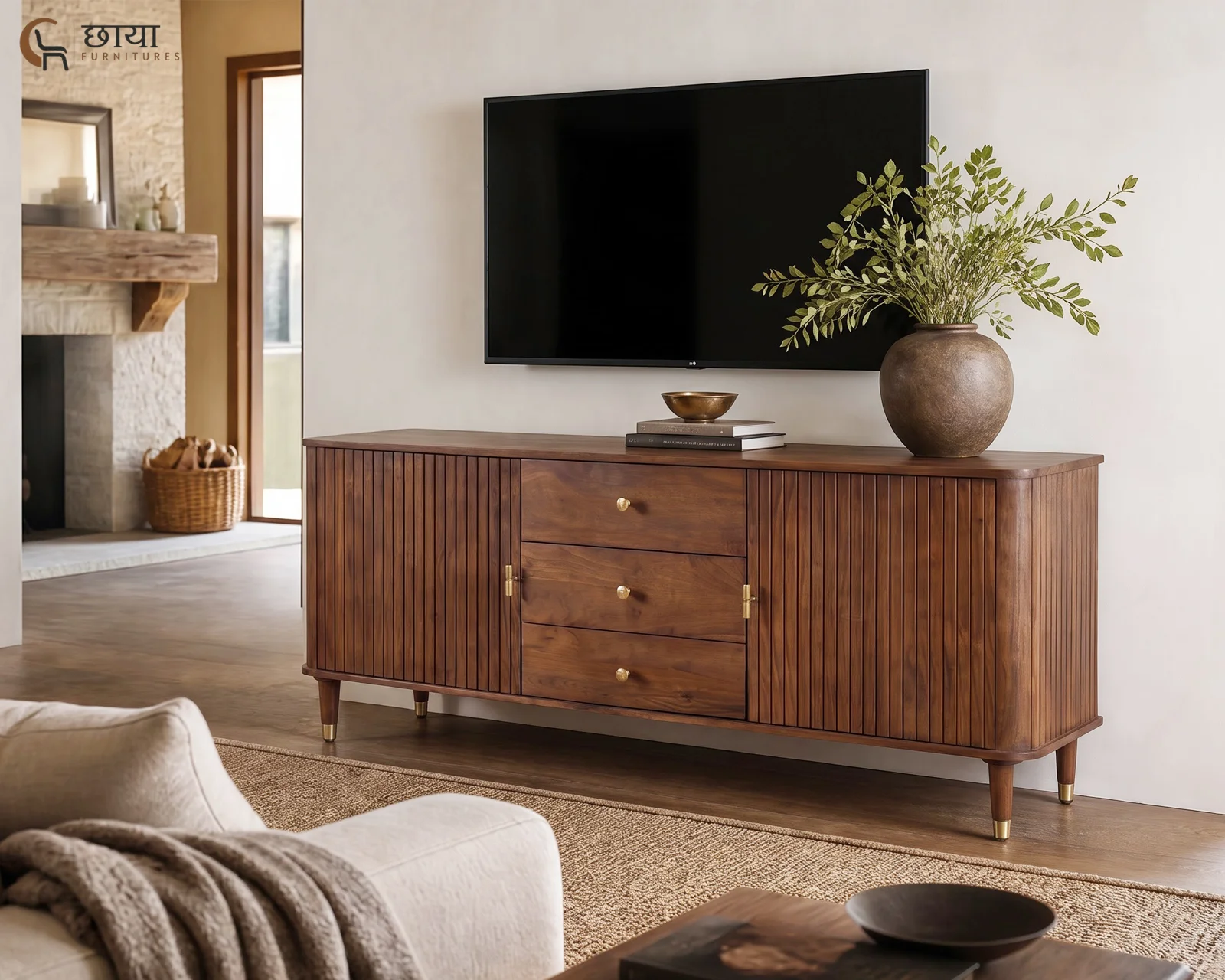 Maple Mango Wood TV Unit (Teak Finish) — front tv