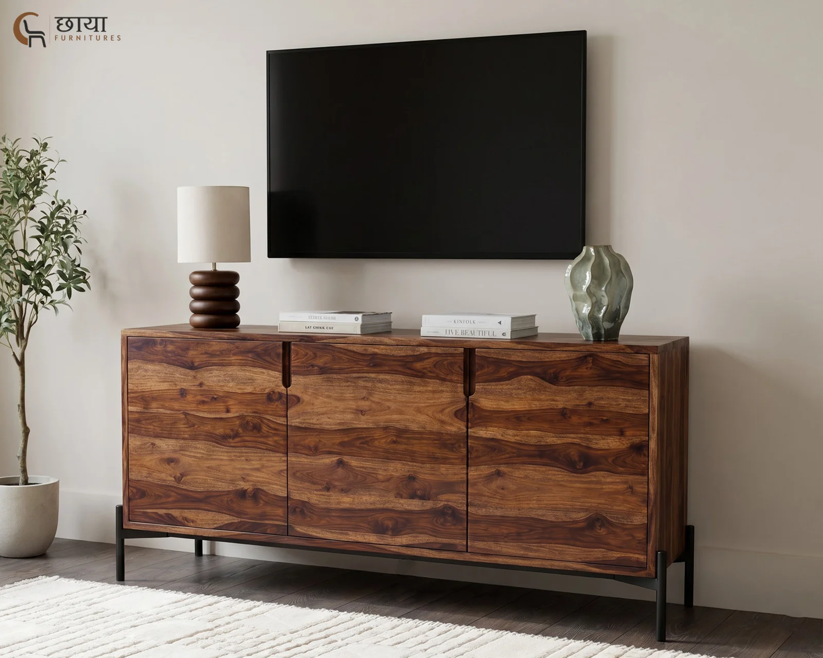 Amber Sheesham Wood TV Unit (Teak Finish) — front tv